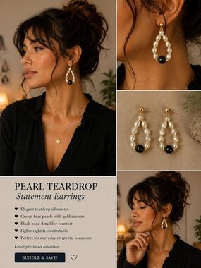 Pearl Teardrop Statement Earrings - Gold, Cream & Black